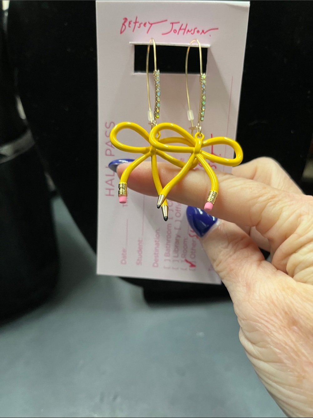 NWTBetsey Johnson Yellow Pencil Bow Hoop Drop Earrings with Rhinestones - Picture 6 of 6
